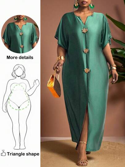 Truni Plus Size Women's Elegant Loose Notched Neck Batwing Sleeve Long Glossy Fuchsia Dress, Suitable For Party, Date, New Year, Valentine's Day Plus Size Lounge Dress Resort Wear Curve Plus Size Long Dress For Curvy Women Resort Wear Curve Summer Green Casual Dress Brunch Outfits Women Elegant Dresses For Party Plus Size Women Summer Dress, For Pear And Triangle Body Shape