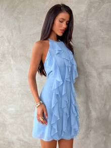 Aloruh 女士纯色荷叶边露背短裙 - 淺藍色 - 查看 4
