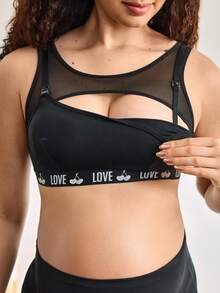 Moonlight&Mama 1 pieza Sujetador de lactancia negro de tiras anchas, diseñado para mujeres embarazadas con banda elástica con estampado de LOVE de cereza y cierre de gancho de apertura completa - Negro - Ver 1