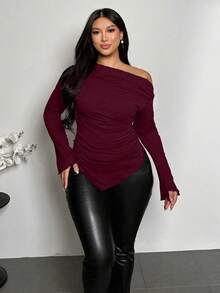 Firerie Plus Size Women Red Solid Asymmetric Hem Ruched Shoulder Long Sleeve Fitted Fashionable T-Shirt/Winter Fall - Burgundy - View 1