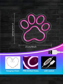 1PC Pink Paw Print LED Neon Sign, USB Powered Acrylic Light With Switch & Hanging Chain, Cute Decor For Pet Lovers, Bedroom, Game Room, Bar & Party - Multicolor - View 2