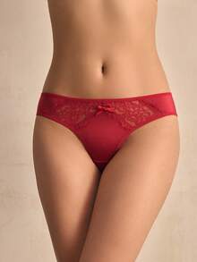 EmpressEnvy 1 chiếc quần lót nữ màu đỏ rượu vang, chất liệu satin, phối ren. - Màu Đỏ Sâu - Xem 3