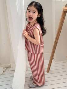 DAZY Bộ đồ 2 món áo không tay cổ tròn kẻ sọc kiểu Hàn Quốc cho bé gái sơ sinh/trẻ nhỏ: áo và quần. - Hồng - Xem 3