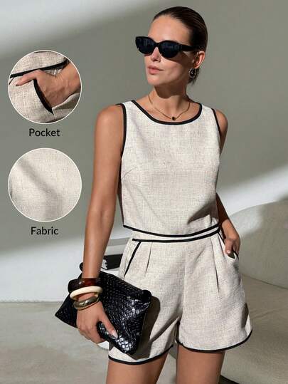 Lavishia Conjunto casual de top sin mangas de cuello redondo y shorts con bolsillo para mujer