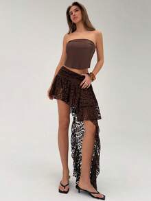 Aloruh Women's Asymmetrical Hem Ruffled Hem Bohemian White Lace Dress, Spring/Summer - Coffee Brown - View 3