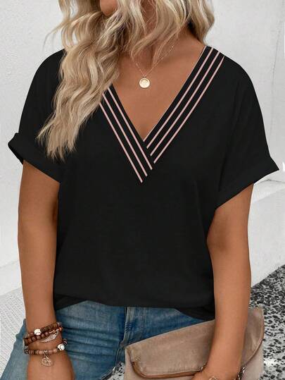 EMERY ROSE Camiseta casual versátil de talla grande con cuello en V, mangas cortas y puños a rayas de color contrastante para mujer, nueva para primavera/verano