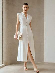 MOTF PREMIUM FASHIONABLE DESIGN SLEEVELESS WAIST TIE ADJUSTABLE LINEN MIDI DRESS FOR WOMEN - White - View 6