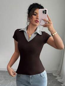SHEIN Raffinéa Áo polo nữ tay ngắn, thoải mái, thanh lịch, phù hợp cho cả đi làm và đi nghỉ mát, thích hợp cho người trưởng thành, gợi cảm, cổ chữ V, phối sọc, chất liệu 2 trong 1, co giãn tốt, ôm sát, thích hợp cho mùa xuân/hè. Áo polo nữ, áo body nữ, áo kiểu nữ. - Cà phê nâu - Xem 6