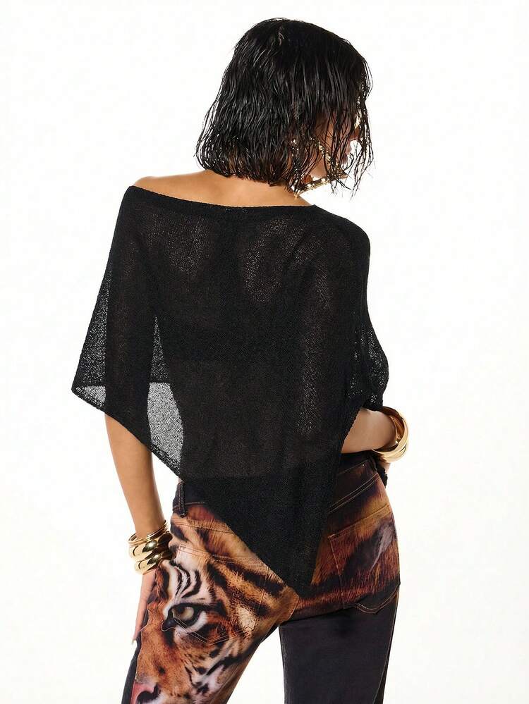 SUMWON WOMEN Sequin Crochet Knit Asymmetric Off Shoulder Shawl Top With Open Knit Design And Shimmer Details For Evening Party