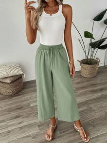 Easowa Quần lửng cotton lanh dáng rộng mùa thu, màu xám xanh, quần đi học/quần công sở cho nữ - Màu xanh lục của thợ săn - Xem 8