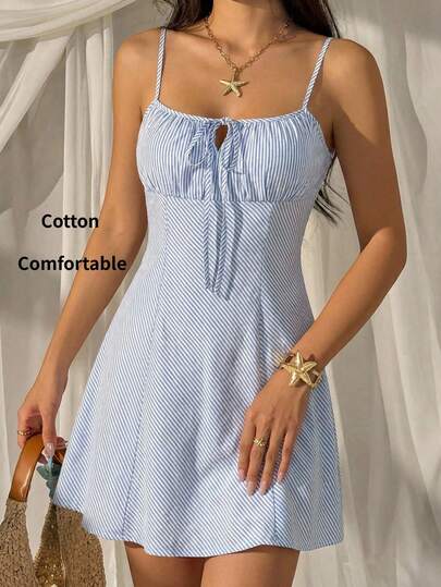SHEIN EZwear Summer Vacation Dresses  Blue Striped Woven Spaghetti Strap Women Mini Dress