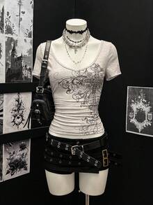 Jeanoix Women's Sexy Y2K Style Tight Graphic Print V-Neck T-Shirt - Grey - View 1