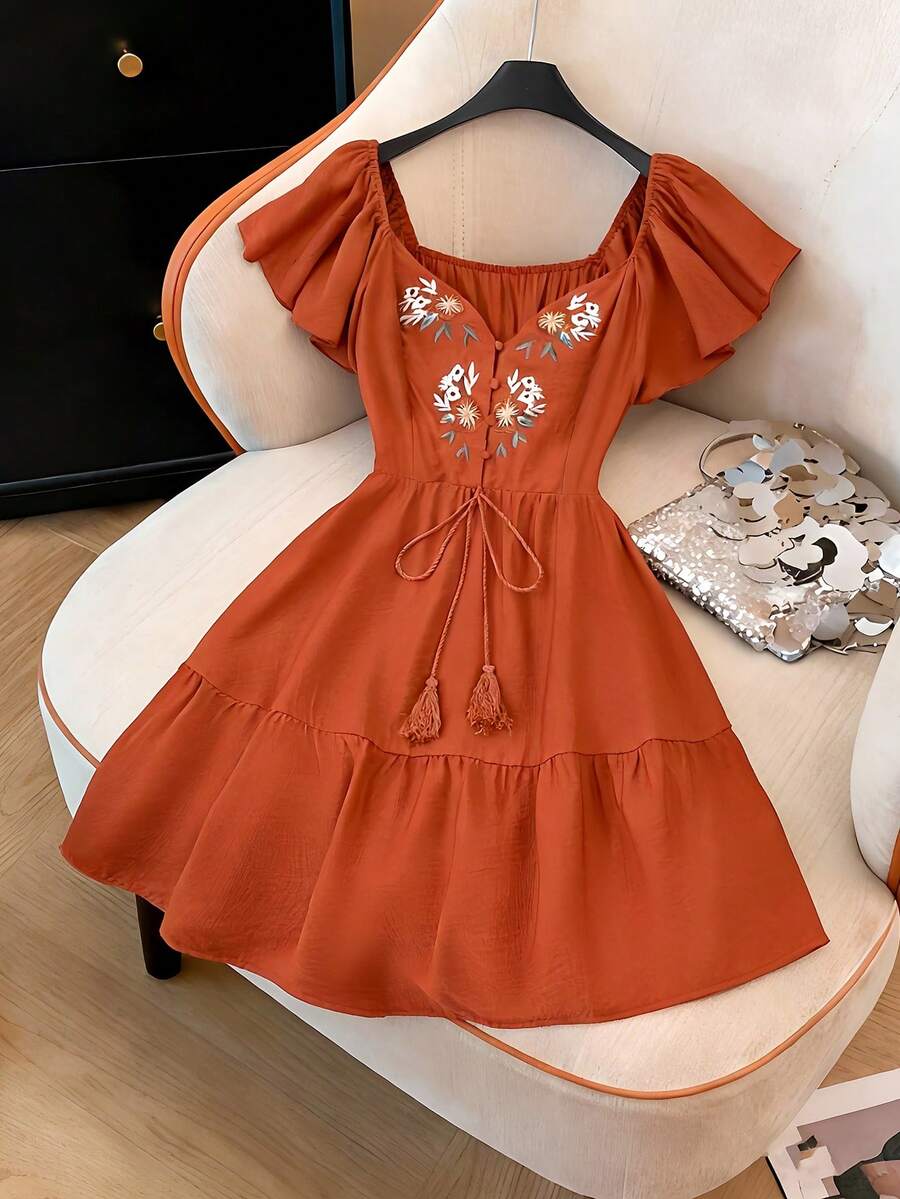 GlowEve CURVE Plus Size Elegant Embroidered Dress, Waist Cinching Design, Flattering Versatile For Dates Gym Gatherings Brown Summer - Orange - View 1