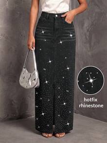 Slaydiva Chân váy denim dài có túi đính đá cho nữ - màu đen - Xem 1