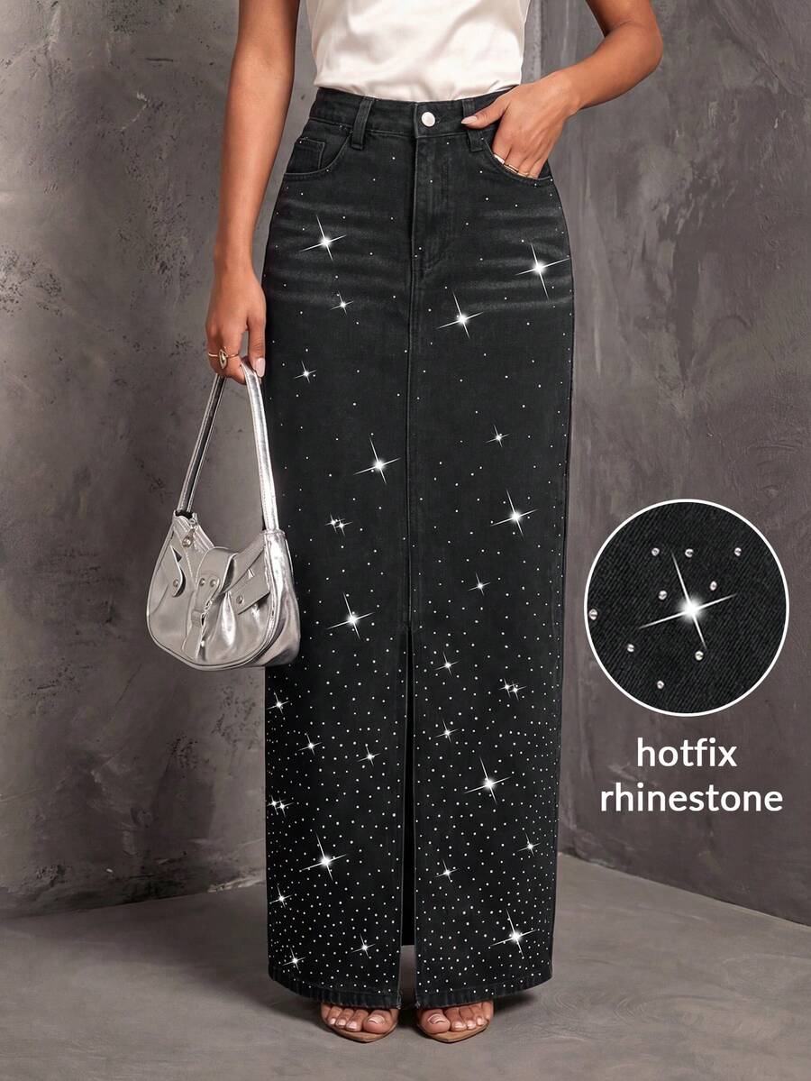 Slaydiva Chân váy denim dài có túi đính đá cho nữ - màu đen - Xem 1