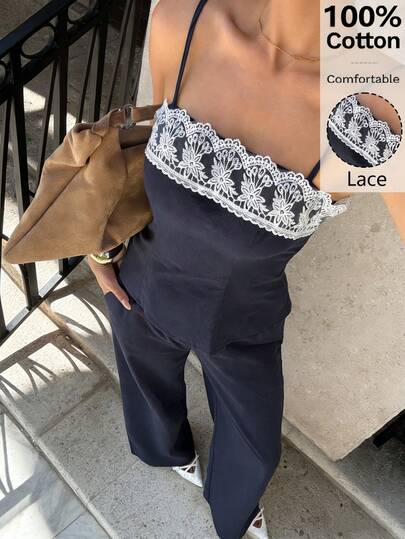 Siren Gaze 夏季新款蕾丝边吊带背心和直筒裤两件套，简约性感露脐蕾丝边吊带背心搭配100%纯棉长裤，女士蕾丝边吊带背心和长裤套装，休闲沙滩度假装