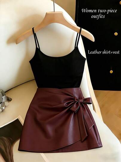 Franclia Women's Solid Color Camisole Top And PU Leather Wrap Skirt Two-Piece Set, Perfect For Spring And Summer. Suitable For Casual Wear, Holidays, Vacations, Social Occasions, Commuting, And Office Occasions. The Black Top Is Perfect For Everyday Wear, Especially Suitable For Parties, Beachwear, Elegant Styles, Casual Looks, Romantic Outfits, Valentine's Day Looks, Date Outfits, Graduation Wear, Fashionable Casual Commuting Wear, Business Office Wear, Versatile And Stylish Everyday Casual Wear, And Urban Teacher's Professional Attire.Graduation Season Attire, Fashionable Casual Commuter Wear, Business Office Wear, Versatile And Stylish Everyday Casual Wear, Urban Teacher's Professional Attire
