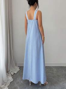 Louniche Women's Summer Cotton Blue Striped Criss-Cross Spaghetti Strap A-Line Sleeveless Open Shoulder Maxi Dress, Sexy Vacation Style, Bohemian Flowy Long Dress For Spring/Summer - Blue - View 2