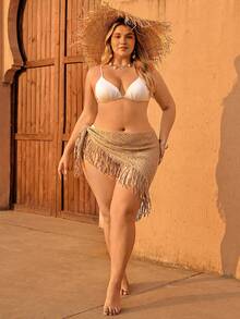 Swim Vcay Plus Size Camel Elegant Short Apron Dress With Tassel Hem, One-Piece Tie-Up Skirt, Hollow Knit Vacation Cover-Up - Camel - View 4