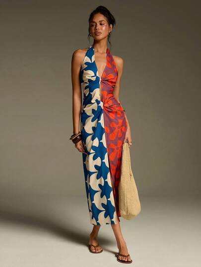 Athîral Women's Vacation Casual Colorblock Floral Print Backless Dress