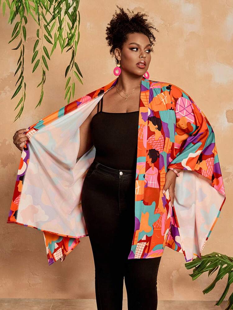 Plus Size Women Loose Open Front Jacket With Vacation Graphic Print Kimonos For Women Curve Kimono Outer Wear For Summer Women Colorful Kimono