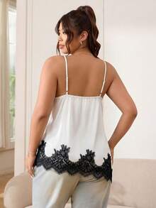 SHEIN EZwear 2026春夏新款休闲吊带背心，适合外出、日常、派对、约会、生日、音乐节、通勤、居家穿着，缎面拼接蕾丝，丝滑柔软，宽松版型，黑色，大码 - 白色 - 查看 2