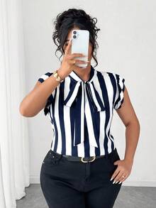 Elenzga Plus Size Casual/Commuting Black & White Striped Short Cap Sleeve Tie Design Collar Blouse - Navy Blue - View 5