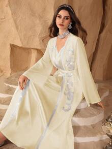 Al Najma Đầm 2 trong 1 thanh lịch, màu trơn, trang trí bằng ruy băng satin, điểm xuyết hoa 3D sang trọng, ôm eo. - Màu be - Xem 6