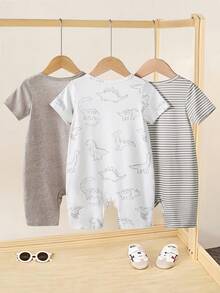 SHEIN Vintaside Kids 3件裝男嬰卡通恐龍印花條紋圓領短袖連身衣 卡其色夏季休閒舒適新生兒幼兒套裝 - 彩色 - 查看 2