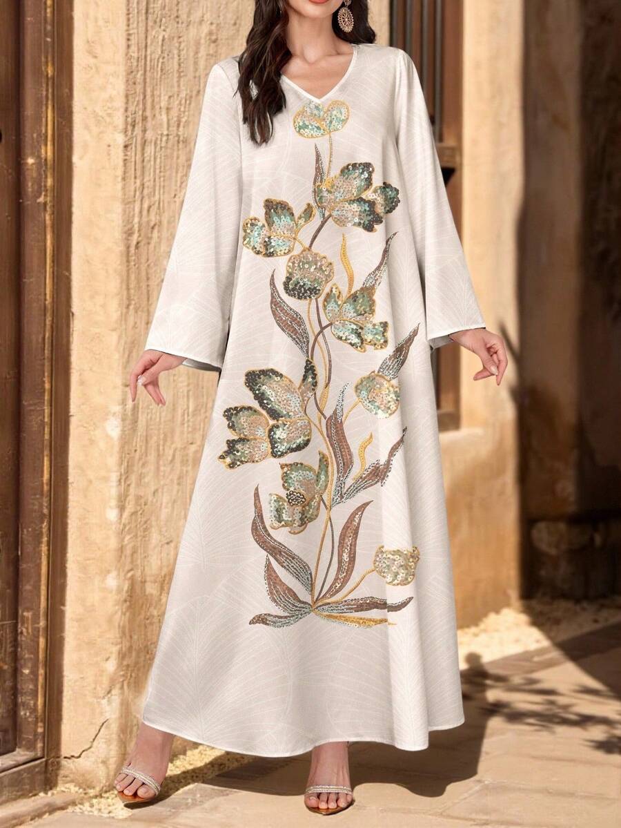SHEIN Najma 闪亮花卉植物图案印花V领长袖连衣裙，优雅阿拉伯风格长款连衣裙，春夏款 - 彩色 - 查看 1