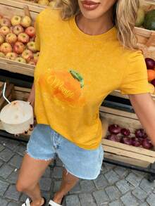 Selianne 女士时尚圆领短袖T恤，针织面料，趣味图案，适合日常通勤、聚会、外出、夏季音乐会等各种场合 - 黃色 - 查看 3