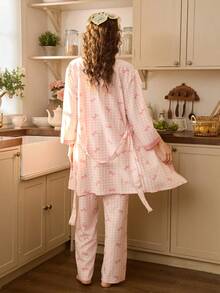 Tulorae 3pcs Colorblock Crinkle Fabric Bow Print Pajama Set For Women - Pink - View 2