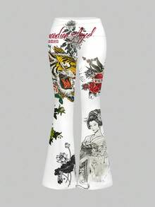 ROMWE Grunge Punk New Chinese Style Sexy Geisha Slogan Cute Sexy Camisole & Flared Pants With Layered Waistband, Women 2 Pieces Set - White - View 7