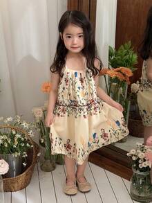 Dazy Kids 女婴碎花无袖连衣裙，韩版夏日连衣裙，适合女孩度假 - 杏色 - 查看 4