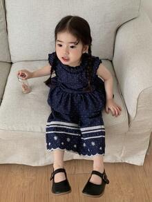 DAZY 2pcs Baby Girls' Polka Dot Washed Ruffle Hem Loose Wide Leg Casual Jeans Set - Blue - View 7