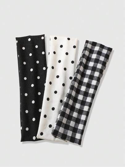 ROMWE Anime 3件套新款黑白波点格子组合复古发带，适合女性日常通勤、节日装扮和派对拍照时佩戴。