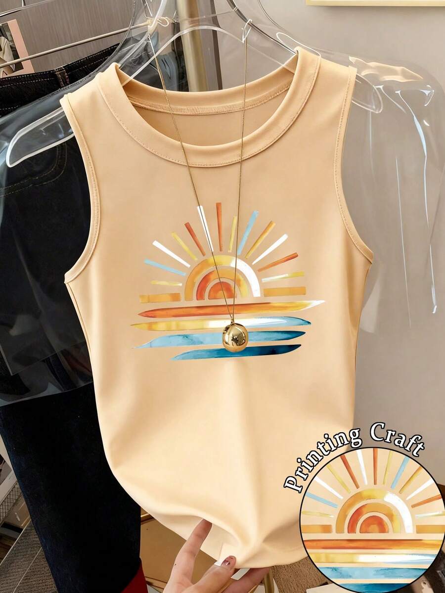 Resyla Women's Summer Casual Vacation Style Sun Crayon Print Tank Top - Apricot - View 1