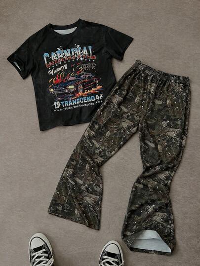 SHEIN Tween Boy Casual Street Sporty Snowflake Racing Car Graphic T-Shirt And Flared Pants 2 Pieces Set, Suitable For Commuting, School, Daily Casual Wear, Sports, Spring/Summer