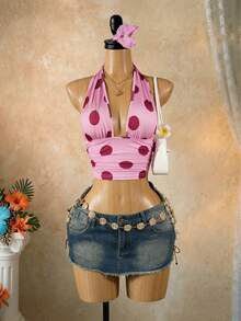 SaltGleam SaltGleam Top corto con escote halter y estampado de lunares, sexy para vacaciones - Rosa - Ver 1