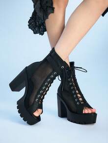 Sugerpunk 女士高跟凉鞋 暗黑摇滚朋克哥特风 夏季露趾绑带豹纹水钻性感礼服鞋 高帮网眼拼接通勤工作鞋 - 黑色 - 查看 6
