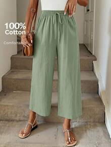 Easowa Quần lửng cotton lanh dáng rộng mùa thu, màu xám xanh, quần đi học/quần công sở cho nữ - Màu xanh lục của thợ săn - Xem 7
