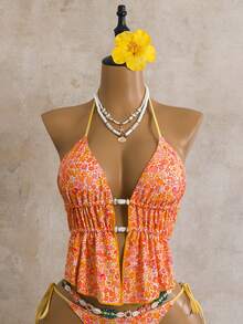 Bellisia Women's 2pcs Floral Print Beaded Halter Neck Drawstring Pants Swimsuit Set, Summer - Multicolor - View 4