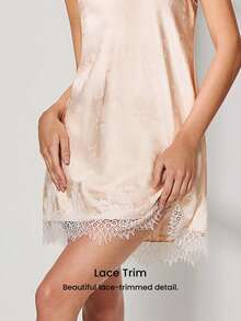 LUVLETTE 新娘浪漫礼物香槟色缎面睡袍 - 优雅吊带睡裙，白色蕾丝边饰，完美婚礼礼物内衣睡衣 - 杏色 - 查看 5