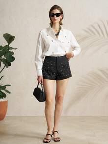 Airaco Quần short nữ đính cườm trang trí, thích hợp cho mùa hè. - màu đen - Xem 5