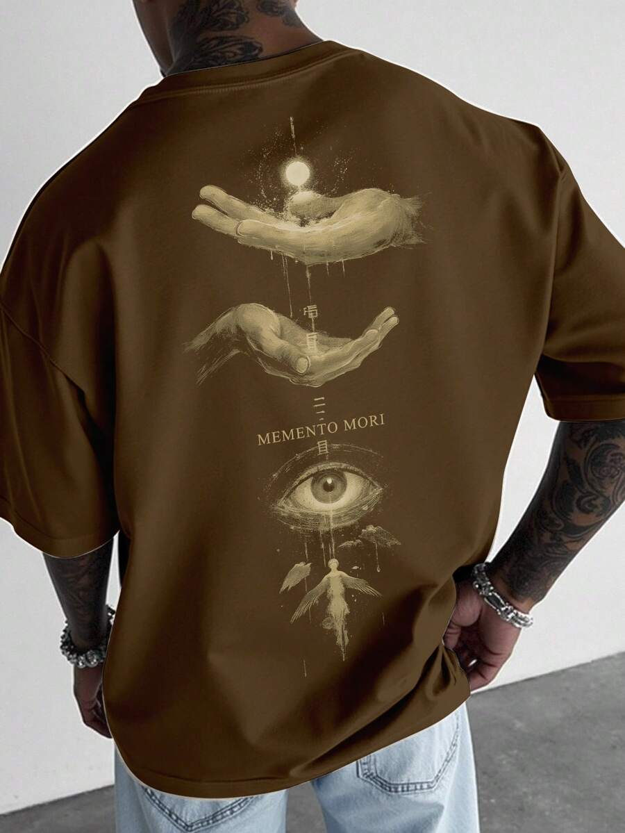 Manfinity Roughcore Áo thun nam tay ngắn cổ tròn in hình mắt và lòng bàn tay - màu nâu - Xem 1