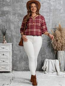 EMERY ROSE Plus Size Women Plaid V-Neck Casual Versatile Daily Wear Shirt - Burgundy - View 3