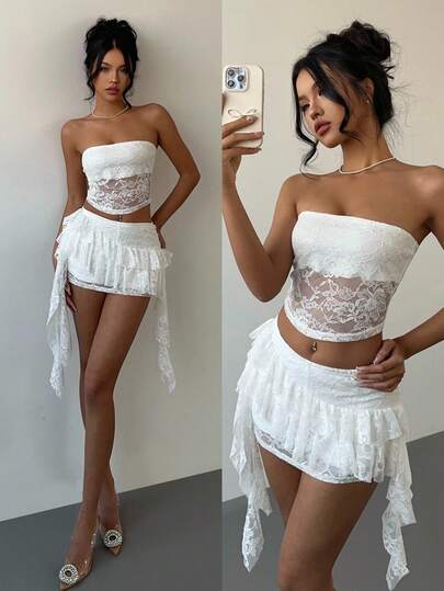 Aloruh 女士性感优雅抹胸上衣搭配荷叶边下摆迷你裙 2 件套 女士两件套 女士度假装 女士夏季装 女士沙滩装