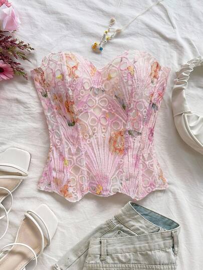 Soleia European And American Youthful Vacation Sexy Avant-Garde Off-The-Shoulder Lace Double-Layer Fitted Corset Bustier Top, INS Pink Sweet Romantic Floral Hollow Embroidered Shapewear, Late Night Outfits Women Tops For Going Out, Wedding Guest Dress Women Fall Women Clothes