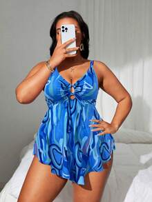 Swim Lushoire 大码女式全印花系带吊带泳衣套装（含泳裤） - 藍色 - 查看 5