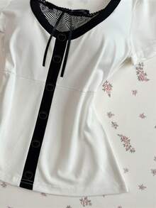 Elamini Casual Striped Patchwork Women T-Shirt - Black and White - View 5